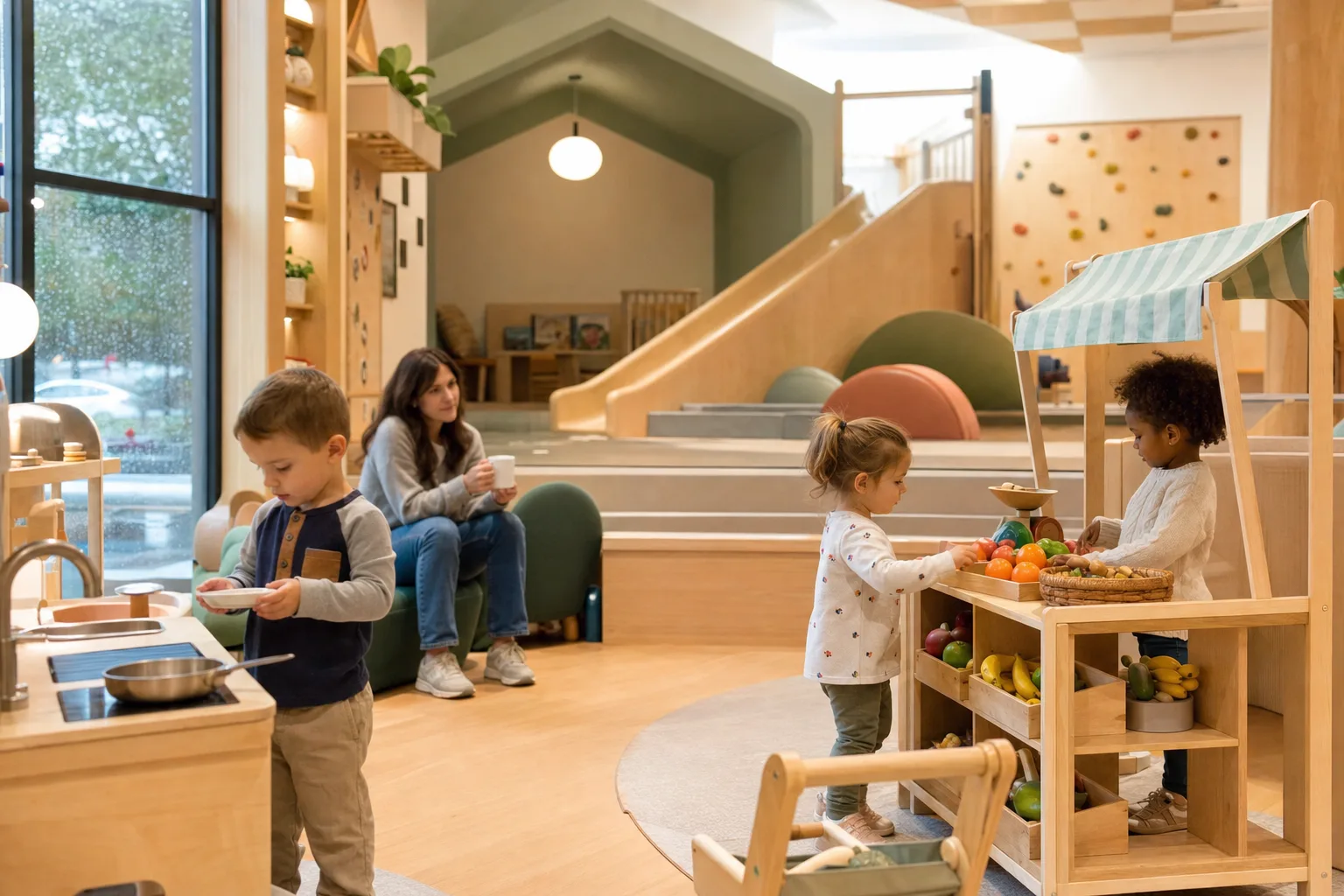 Children enjoying imaginative play in a warm indoor discovery space
