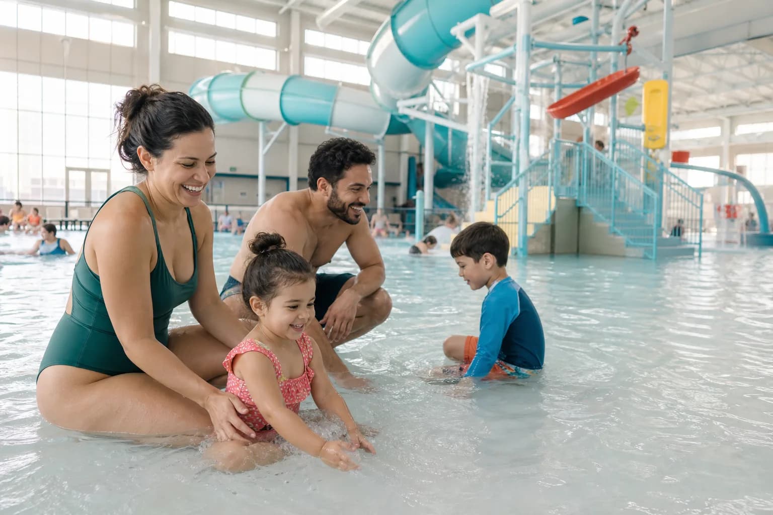 A family playing together in the shallow area of an indoor leisure pool