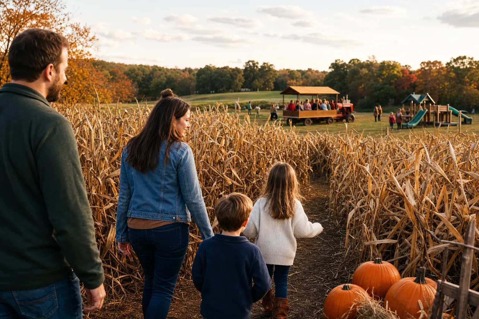 A family entering a corn maze during a North Georgia fall outing